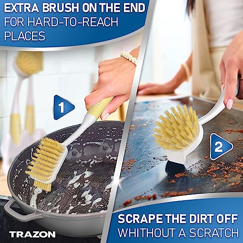 Dish Brush Set of 5 with Holder - Kitchen Scrub Brushes with Non-Slip Long Handle for Cleaning, Scrubber, Dishwashing, Dishes, Bottles, Straws, Cups, Pots & Sink, Baige - color: Baige, Set of 5 With Holder