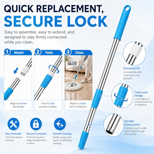 Extended Spin Mop Replacement Handle, Upgraded 60 inch 360 Degrees Rotating Telescopic Replacement Mop Stick with Stainless Steel Disc for Spin Mop Bucket Cleaning System(Blue) - color: Blue, style: Stainless Steel Disc