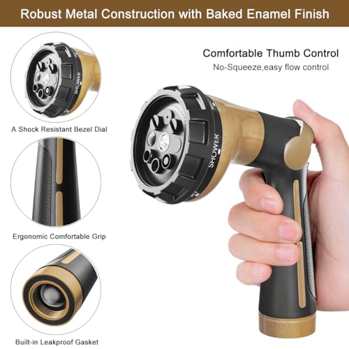 FANHAO Garden Hose Nozzle Heavy Duty, 100% Metal Water Hose Sprayer with 8 Spray Patterns, High Pressure Spray Nozzle Thumb Control On Off Valve for Lawn & Plant Watering, Car & Pet Washing - Khaki - color: Khaki
