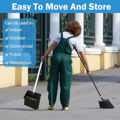 Lallisa 4 Pack Commercial Broom and Dustpan Combo Set 58'' Long Handle Upright Broom with 4-Layer Bristles Standing Dustpan Heavy Duty Lobby Dust Pan Bulk for Home Kitchen Office Indoor Outdoor Use