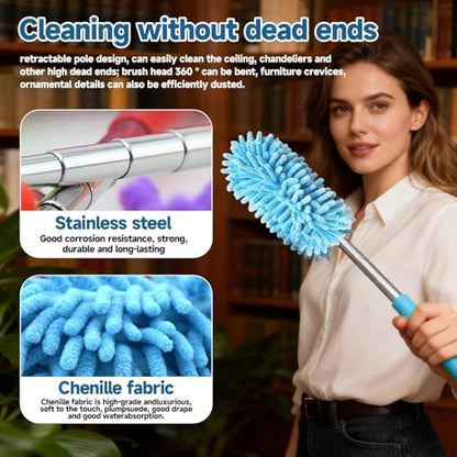 Extendable Microfiber Duster, Telescoping Dusting Brush for Home and Car Cleaning, Adjustable Length, Soft and Flexible - color: Elongated Blue