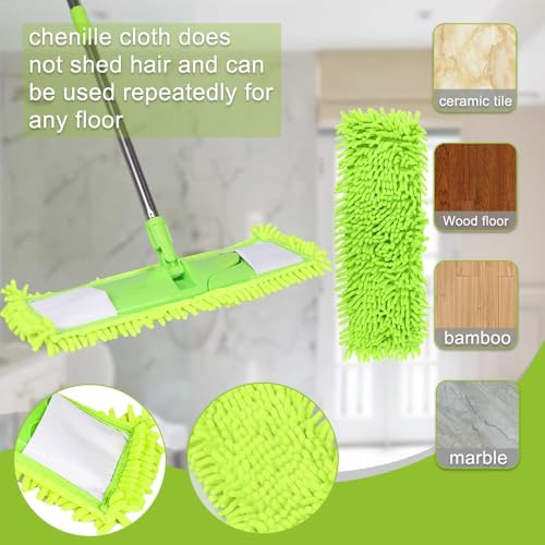 Dust Mop for Floor Cleaning with 2 Washable Chenille Pads and Extendable 58” Long Handle, Dry Wet Flat Mop with Scouring Pad for Hardwood, Laminate, Tile, Marble (Green) - color: Green