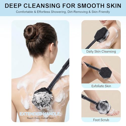 Silicone Back Scrubber for Shower, 21'' Extendable Dual-Sided Long Handle Bath Brush for Exfoliating & Massage, Non-Slip Grip, Gentle & Deep Cleansing Body Brush for Men Women