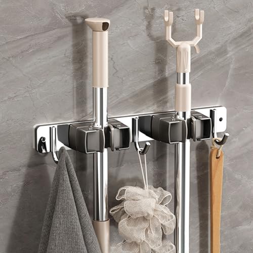 Wall-Mounted Broom Holder Stainless Steel Mop Storage Rack Laundry Room Storage Solution Suitable for Kitchens, Gardens,Garages (Option B: 2 clips with 3 hooks) - color: Option B: 2 clips with 3 hooks