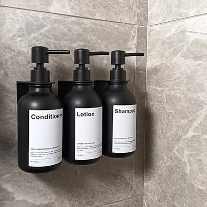 Shampoo Dispenser for Shower Wall, Shampoo and Conditioner Dispenser with 16 Waterproof Labels, Shower Dispenser 3 Chamber No Drill, Shower Soap Dispenser Wall Mounted for Bathroom, 17oz, Black - color: 2-black Bottle + Black Pump