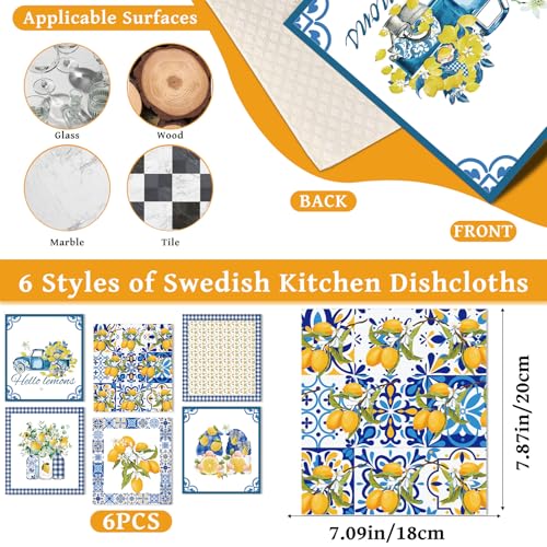 Lemons Swedish Dishcloths for Kitchen, 6 Pcs Reusable Tiles Lemons Sponge Cleaning Cloths, Absorbent Summer Yellow Fruit Dish Cloths Towels Wipes for Cooking Home Decoration Housewarming Gift - style: Tiles Lemons