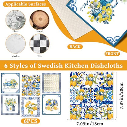 Lemons Swedish Dishcloths for Kitchen, 6 Pcs Reusable Tiles Lemons Sponge Cleaning Cloths, Absorbent Summer Yellow Fruit Dish Cloths Towels Wipes for Cooking Home Decoration Housewarming Gift - style: Tiles Lemons