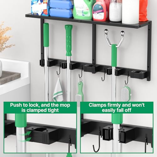 CCCEI Broom and Mop Wall Mount with Shelf, Laundry Room Cleaning Tools Organization Hanging Rack with Hooks, Bathroom, Garage, Garden Organizers and Storage. All Metal, Black, 2 Pack.