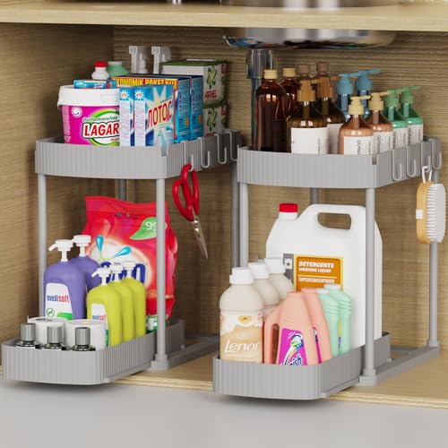 Ukeetap 2 Pack Multi-Purpose Pull-Out Storage Organizers, Under Sink Organizers and Storage for Bathroom & Kitchen, Under Cabinet Organizers and storage, 14.8 Inch, Grey - color: Gray, size: 14.8 Inch