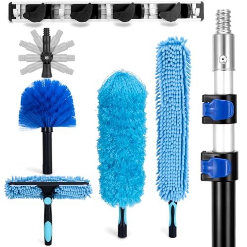 Cobweb Duster with Extension Pole, 20Ft Ceiling Fan Cleaner Duster, High Ceiling Duster Kit with 5-12Ft Telescoping Extension Pole, Long Handle Duster for High Ceilings, Window Washer Kit