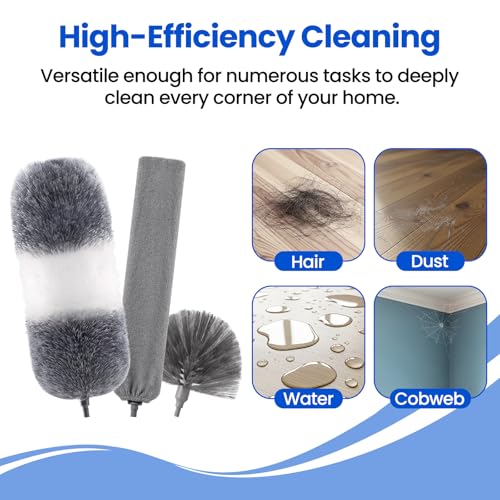 Extra-Long Dusters Kits with Extension Pole, 5 in 1 Cleaning Tools with Extendable Long Handle, Cobweb Duster, Microfiber Dusting Clothes for Gap, High Ceilings and Fans, Blinds, Cars and Furniture