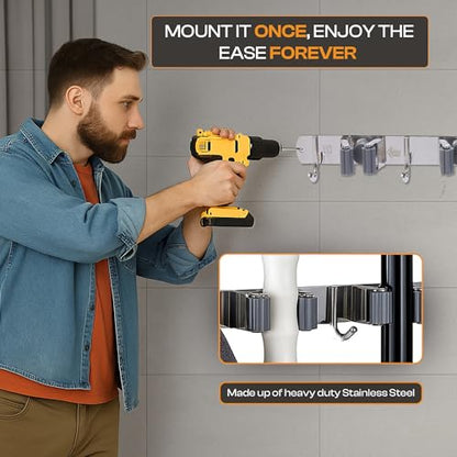 Heavy-Duty Stainless-Steel Broom Holder Wall Mount with 4 Racks and 5 Hooks | Rust Resistant Mop and Broom Hanger | Adjustable, Garage & Garden Tool Organizer | Silver Color - size: 4 Racks & 5 Hooks