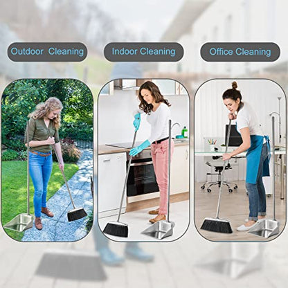 VOOWO Heavy Duty Broom and Dust pan Set, Stainless Steel Broom and Dustpan Set with Long Handle, Broom with Dustpan Set for Home Standing Dust Pan Indoor Outdoor Brooms Dustpan - color: Black Broom and Dustpan Set