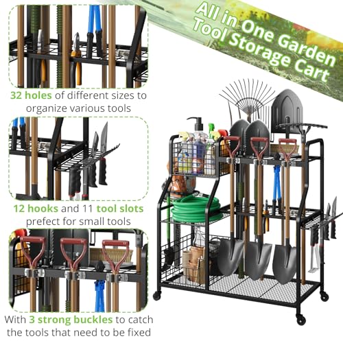 keomaisyto Garden Tool Organizer with Heavy Duty Wheels for Garage - with 2 Baskets, Large Yard Tool Organizer and Storage Holder, Utility Garden Tool Rack for/Shed/Garage/Yard/Basement/Lawn - size: Extra Extra Large-with Industrial Wheels