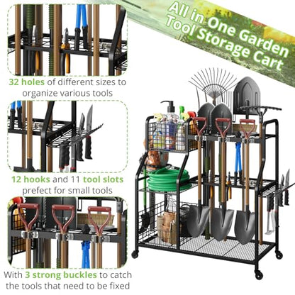 keomaisyto Garden Tool Organizer with Heavy Duty Wheels for Garage - with 2 Baskets, Large Yard Tool Organizer and Storage Holder, Utility Garden Tool Rack for/Shed/Garage/Yard/Basement/Lawn - size: Extra Extra Large-with Industrial Wheels