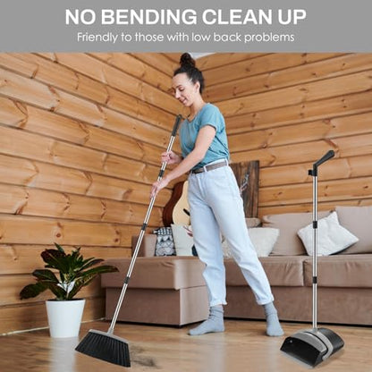 Broom and Dustpan Set for Home, 51-in Long Adjustable Handle Angle Broom and Dustpan Combo Set with Dust Pan Teeth to Clean Hair for Home Kitchen Office Lobby Floor Garden (Black&Grey) - color: Black Grey