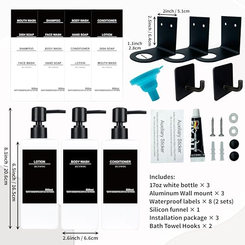 Shampoo Dispenser for Shower Wall, Shampoo and Conditioner Dispenser with 16 Waterproof Labels, No Drill Shower Soap Dispenser Bathroom, Shower Soap Dispenser Wall Mounted 3 Chamber, 17oz,White - color: White Bottle + Black Pump