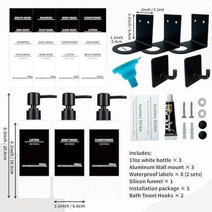 Shampoo Dispenser for Shower Wall, Shampoo and Conditioner Dispenser with 16 Waterproof Labels, No Drill Shower Soap Dispenser Bathroom, Shower Soap Dispenser Wall Mounted 3 Chamber, 17oz,White - color: White Bottle + Black Pump