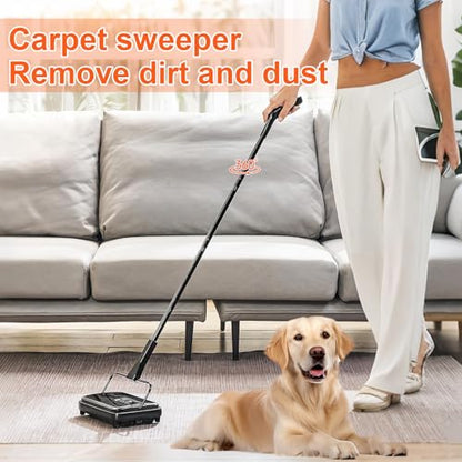 Carpet Sweeper, Carpet Sweeper Manual with 7.87 in Sweeping Paths, 300 ml Dustbin Capacity with Comb, Floor Sweeper Manual for Home Office Rugs, Wood Floors, Cleans Dust Pet Hair, Black