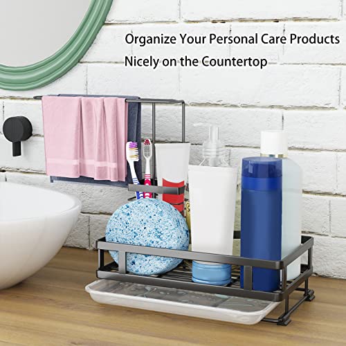 Godboat Kitchen Sink Organizer with Brush Rack - Sink Caddy with Drain-Pan | Stainless Steel Sponge Holder for Kitchen Sink with Towel Rack, Organizer for Dish Soap Dispenser, 10.5"L × 5.9"W × 10.5"H