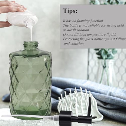12Oz Small Glass Soap Dispenser with Black Plastic Pump, Green Refillable Kitchen Countertop Liquid Hand Soap Dispensers with Diamond Design, Crystal Bathroom Lotion Bottle for Dispense Dish Soap - color: Green Diamond