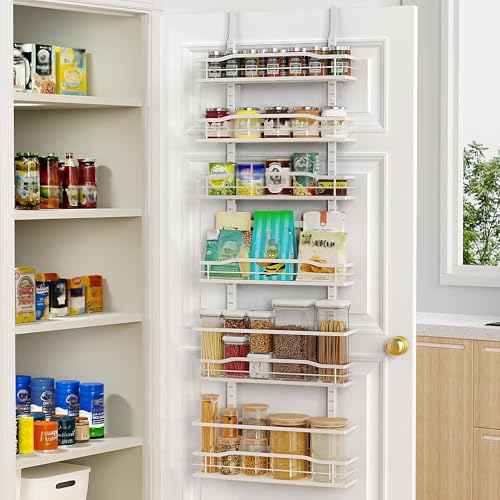Moforoco White 6-Tier Over Door Pantry Organizer, Pantry Organization Storage, Door Metal Hanging Spice Rack Basket Shelves, Home Kitchen Apartment Essentials, Laundry Room Bathroom Organization - color: White, size: 6-Tier Standard