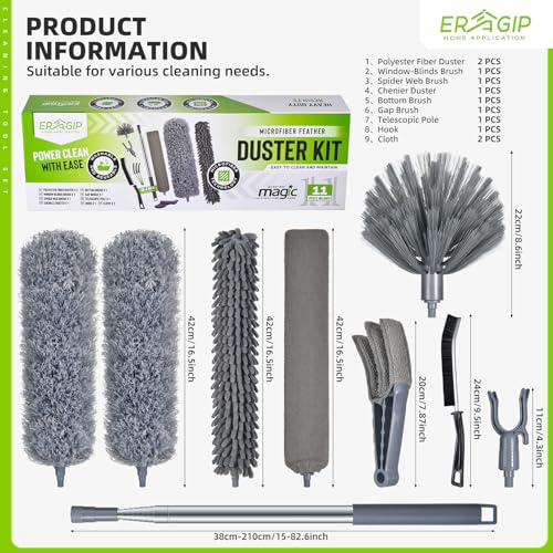 Extendable Feather Duster with Extension Pole 30 to 100 Inches, 11 Pcs Cleaning Kit with Microfiber Feather Dusters, Crevice Cleaning Brush, for Cobwebs, Blinds, Furniture, High Ceilings & Cars