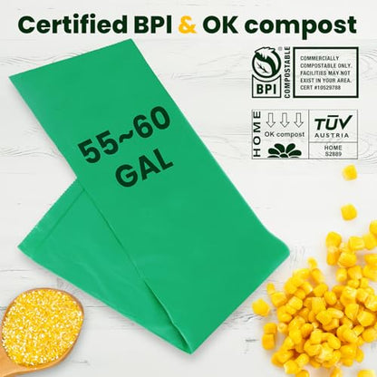 55-60 Gallon Compostable Trash Bags Liners, Heavy Duty Extra Thick 1.57 Mil, 208.2 Liter, 15 Bags, Lawn, Yard, and Restaurant Use, ASTM D6400, US BPI, OK Compost Home Certified - color: 55G-15count