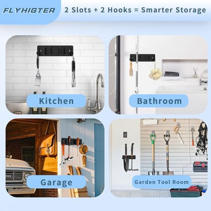 Broom and Mop Holder Wall Mounted, Heavy-Duty Stainless Steel Storage Rack with 2 Racks & 2 Hooks,Broom Organizer for Kitchen,Bathroom,Garage,Garden（SILVER - color: SILVER-2 Racks2 Hooks