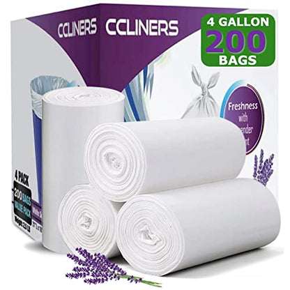 4 gallon Small Trash Bags Lavender Scented (200 Count) CCLINERS White Bathroom Garbage Bags 15 Liter Diaper Bags Mini Wastebasket Can Liners for Home Office Bins (200 Bags) - size: 200 Count (Pack of 1)