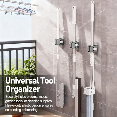 3Pcs Broom Holder Wall Mount Adhesive Mop Hanger No-Drill Strong Hold Hook Waterproof Mop and Broom Organizer Space Saving Storage Rack(Grey) - color: Grey