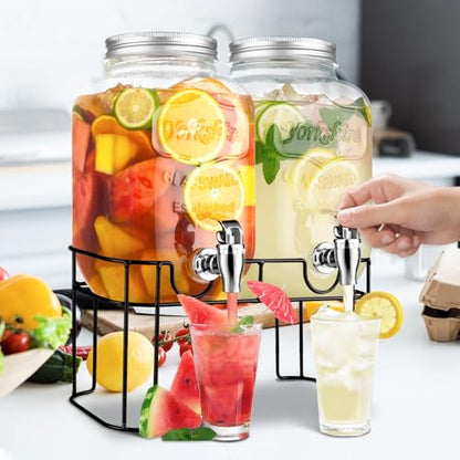 1 Gallon Glass Drink Dispensers For Parties，Lemonade Beverage Dispenser With Stand And Spigot For BBQ, Picnic, Party,Laundry Detergent Dispenser - size: 1 Gallon Double With Stand
