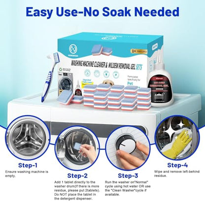 Washing Machine Cleaner Tablets Ultra - Designed for Pet Owners, Removes Residue, Grime & Odors, with Mold Cleaning Gel&Brush, Compatible with HE, Top&Front Load, 30 Tablets-12+ Month Supply - color: Colorful 32 Pack