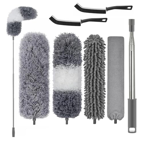 Professional Microfibre Dusters for Cleaning | Duster with Extension 100" | Cobweb Remover Duster Kit with 4 Washable Heads | Bendable Feather Duster for High Ceilings,Fans & Hard-to-Reach Areas,7PCS