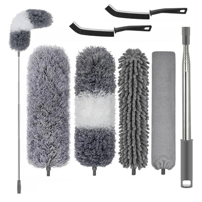 Professional Microfibre Dusters for Cleaning | Duster with Extension 100" | Cobweb Remover Duster Kit with 4 Washable Heads | Bendable Feather Duster for High Ceilings,Fans & Hard-to-Reach Areas,7PCS