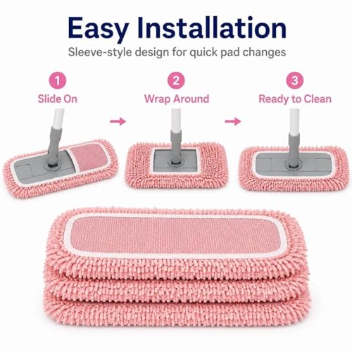3 Pack Compatible with Swiffer Sweeper Mop, Reusable Machine Washable Flat Mop Replacement Pads, 9.84 x 4.33 Inch, Wet Dry Cleaning for Dust, Hair, and Sealed Hard Floors