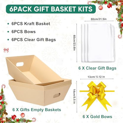 AFOROEOA 6PACK Baskets For Gifts Empty, 10x12”Thick Kraft Gift Basket with 6Bows 6Bags Empty Gift Baskets for Christmas, Valentine’s Day, Easter, Birthdays, Valentine’s Day Wrapping Gift - color: 6PACK Kraft