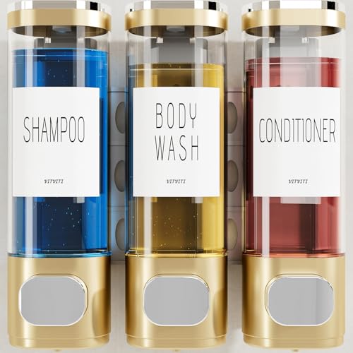 VITVITI Shampoo and Conditioner Dispenser for Shower Wall, Shower Soap Dispenser 3 Chamber No Drill Wall Mounted, 10.2 OZ Plastic Refillable Shower/Body Wash Bottles for Bathroom (Glod) - color: Gold