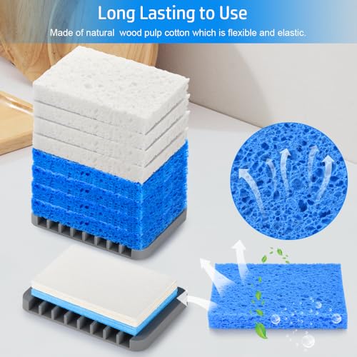 8PCS Compressed Kitchen Sponges for Household Use, Zero Scratch Scrub | Save Space, Premium Dish Sponges Kitchen Natural, Non Scratch Cleaning Sponges for Dishes, Blue & White Dishwashing Brushes