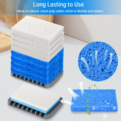 8PCS Compressed Kitchen Sponges for Household Use, Zero Scratch Scrub | Save Space, Premium Dish Sponges Kitchen Natural, Non Scratch Cleaning Sponges for Dishes, Blue & White Dishwashing Brushes