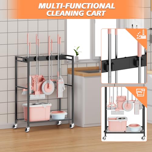 Broom and Mop Holder, MUNNAR Broom Closet Storage Cabinet, Cleaning Cart with Broom and Mop Hanger, Janitorial Cart with Wheels for Household, Laundry Room Organization - size: 24.8" x 13" x 34.2"