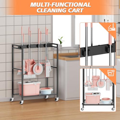 Broom and Mop Holder, MUNNAR Broom Closet Storage Cabinet, Cleaning Cart with Broom and Mop Hanger, Janitorial Cart with Wheels for Household, Laundry Room Organization - size: 24.8" x 13" x 34.2"