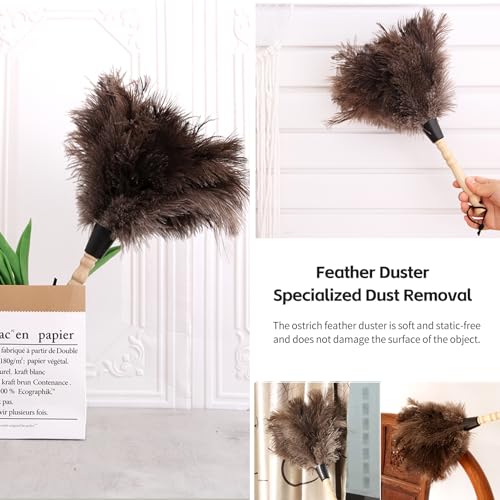 Ostrich Feather Duster 14 inch Fluffy Natural Genuine Ostrich Feathers with Wooden Handle and Eco-Friendly Reusable Handheld Ostrich Feather Duster for Cleaning Supplies(5PCS) - color: Model-14“-brown-5 Pieces