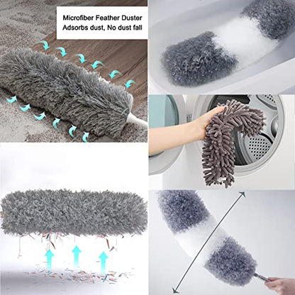 Duster Household Cleaning Supplies Kit 16pcs Microfiber Feather Duster 100in Extension Pole Reusable Bendable Cobweb Duster Window High Ceiling Fan Gap Cleaner