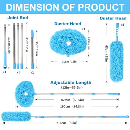 Ceiling Fan Cleaner Duster Reusable Microfiber Removable Duster with Extension Pole Adjusts 12 to 71 Inch for Cleaning Walls Bookshelves Furniture Door Window Top (Blue) - size: 12-71inch-7pcs