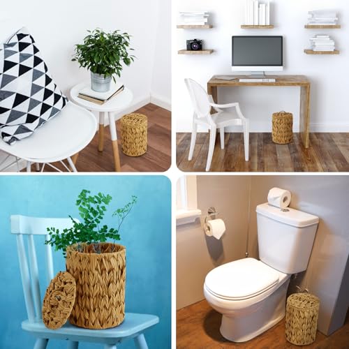 Ctosree 1.3 Gallons Small Trash Can with Lid Handle Boho Woven Braided Bathroom Waste Basket Trash Can with 100 Garbage Bags for Bedroom Office Laundry(Braided Polypropylene, Caramel Color) - color: Caramel Color, style: Round