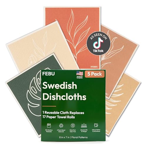 FEBU Swedish Dishcloths for Kitchen | 5 Pack Floral Reusable Paper Towels Washable | Swedish Dish Towels | Non-Scratch Cellulose Sponge Cloths | No Odor, Biodegradable Cleaning Cloths - color: Desert Floral