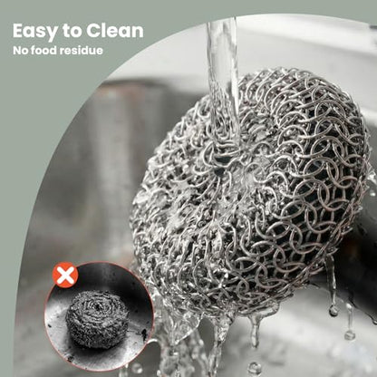 Cast Iron Scrubber with Long Handle | 316 Cast Iron Cleaner Chainmail Scrubber for Cast Iron Pan Skillet Cleaner - Dish Scouring Pad Dishwasher Safe Cleaning Kit (Black, 1 Scrubber + 1 Scraper) - color: Black, 1 Scrubber + 1 Scraper