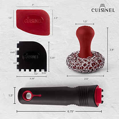 Cuisinel Cast Iron Chain Mail Scrubber + Cleaning Brush + Pan & Grill Scrapers - The Ultimate Skillet and Grill Cleaner Kit - Soft-Touch Confident-Grip Dish Scrub Tool - Silicone/Stainless Accessories - color: Red, size: Full Set