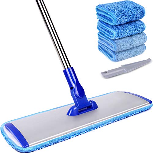 18" Professional Microfiber Mop Floor Cleaning System, Flat Mop with Stainless Steel Handle, 4 Reusable Washable Mop Pads, Wet and Dust Mopping for Hardwood, Vinyl, Laminate, Tile Cleaning - color: Blue